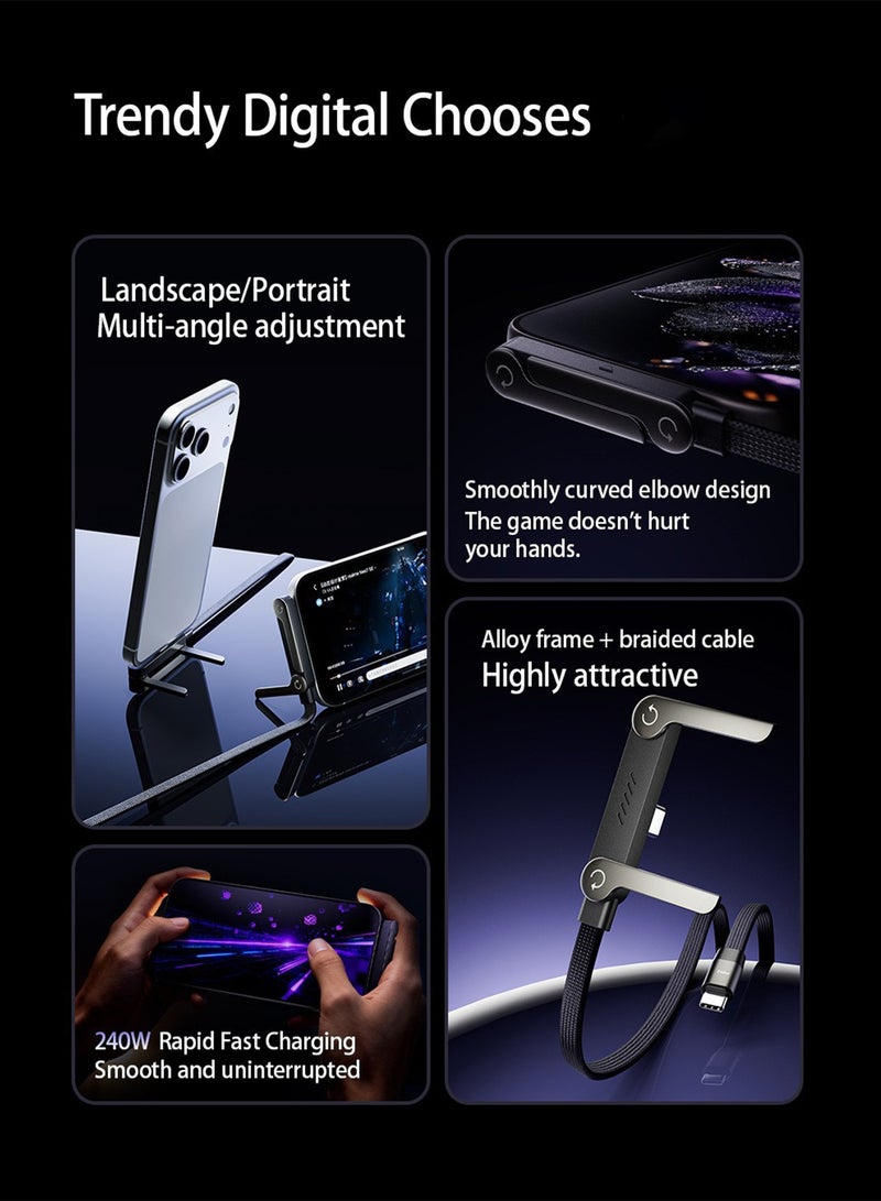 Adando 2 in 1 Invisible Stand Charger Cable, 240W Fast Charging Cable for Built-in Phone, 1.5m Braided Type C Cable with Foldable Stand for Smartphones/Tablets (Black) - Image 3